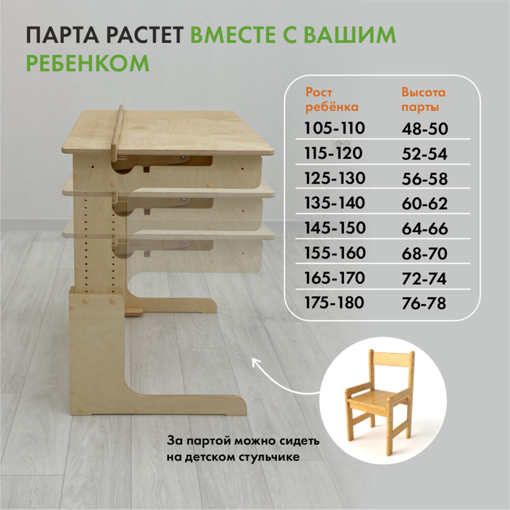 Растущая парта трансформер Ученик и растущий стул Компаньон. Комплектация  Мини, цвет Прозрачное масло - «Живи Стоя»